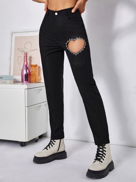 

rhinestone cutout slant pocket pants j9fr#, Black;white