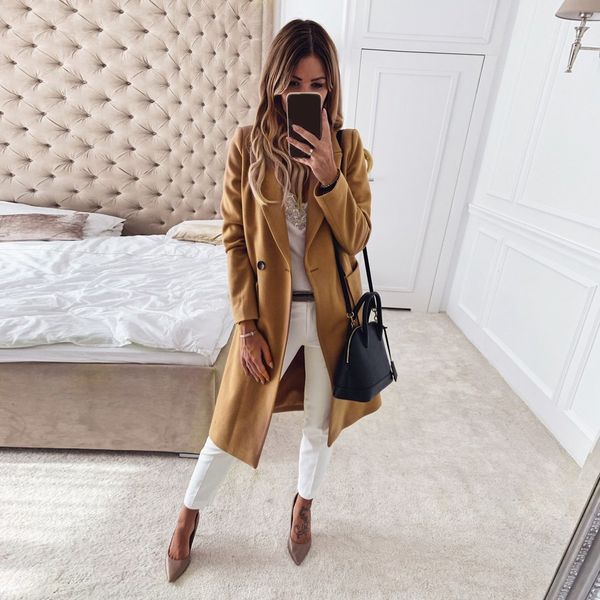 

solid color blend coat female outerwear jacket women coat winter long ladies coat plus size 5xl casual button clothing #j30x1020, Black