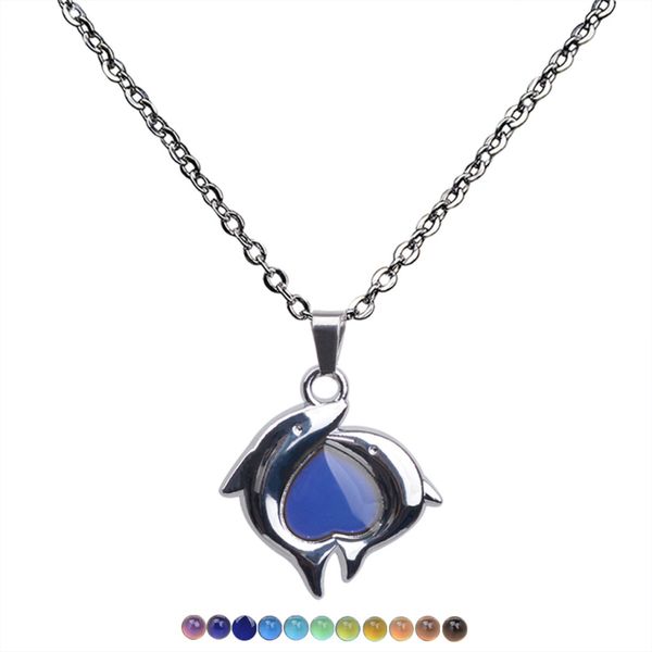 

mood heart double dolphin pendant necklace america europe popular jewelry, Silver