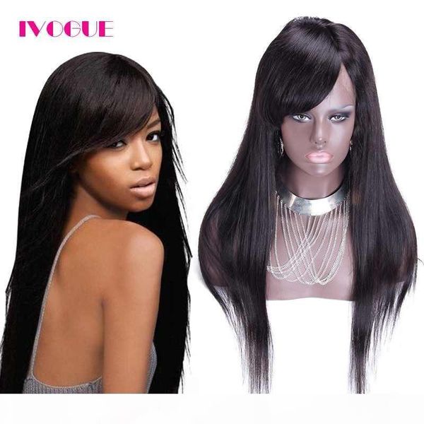 

indian virgin human hair full lace wigs with bangs silky straight lace front wig for black women, Black;brown