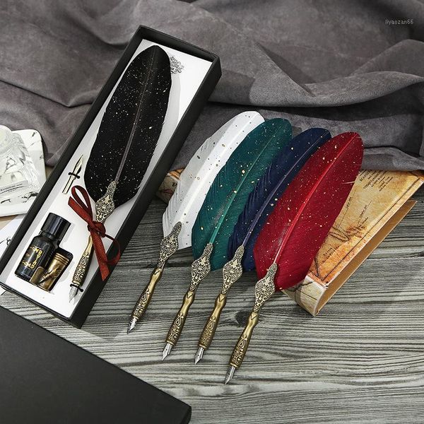 

fountain pen gift set metal dip ink calligraphy pens office supplies stationery gift box ink sprinkling gold feather pen1