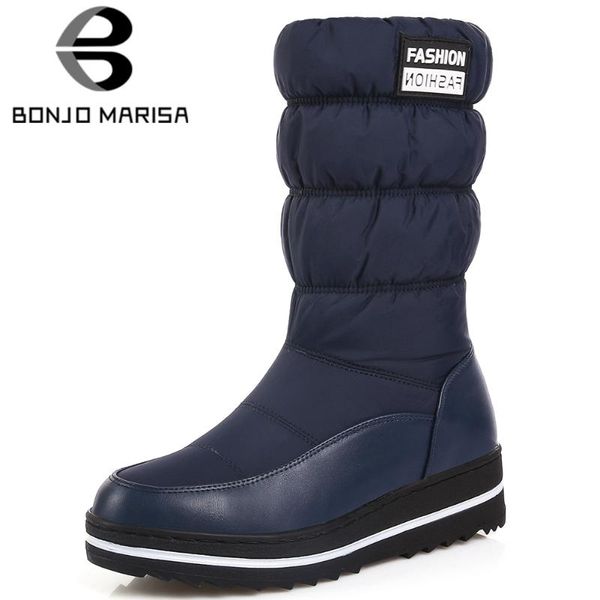 

boots bonjomarisa winter female mid calf wedges striped patchwork casual short plush women elastic brand shoes woman, Black