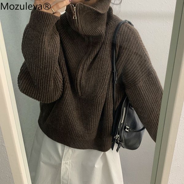 

mozuleva knitted cropped pullovers korean chic winter clothes women half turtleneck zipper loose casual sweater coat pull femme h1211, White;black