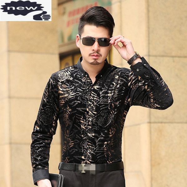 

fashion autumn business mens shirts long sleeve turn-down collar luxury printing velvet shirt casual plus size male c1210, White;black