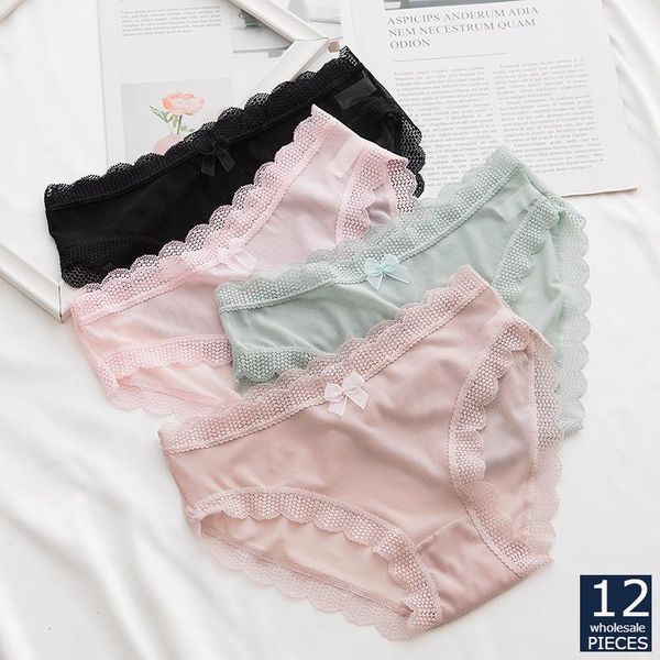 

12 pcs/lot wholesale manufacturers women underwear breathable briefs cotton solid color cute bow twy 105, Black;pink