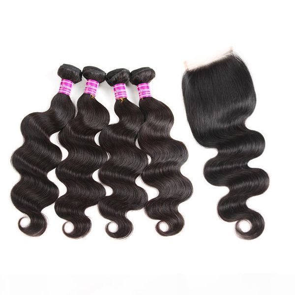 

8a brazilian human hair weaves straight 4 bundles with frontal body wave virgin human hair bundles with closures remy hair extensions, Black