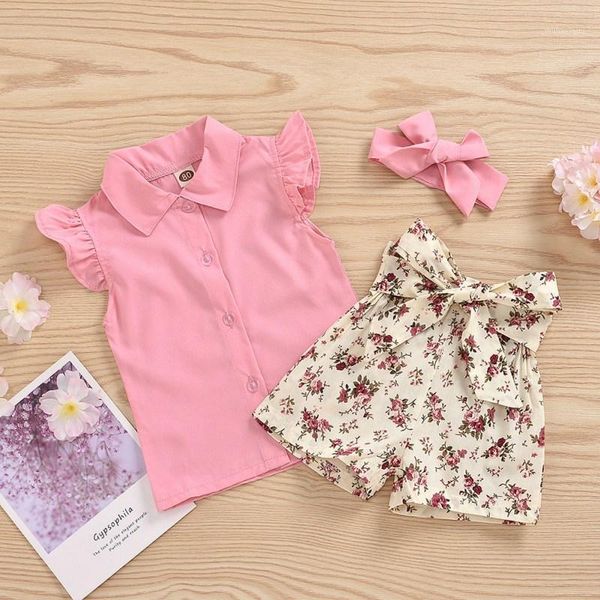 

clothing sets baby girl summer casual flare sleeves solid print vest with flower shorts headband 3pcs kids outfits sets1, White