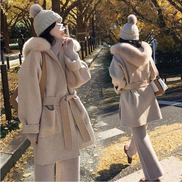 

2020 autumn and winter new korean version women loose mid-length fur collar hooded thick woolen cashmere coat1, Black