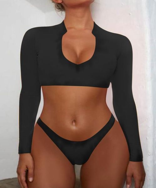 

womens high waist swimwear long sleeve two piece bikini set high leg thong crop swimsuit, White;black