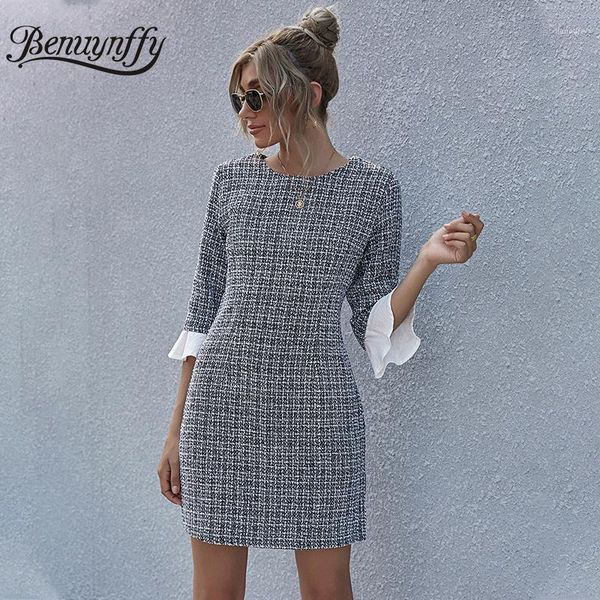 

benuynffy crew neck plaid tweed dress women autumn winter contrast frill trim 3/4 sleeve zip back elegant slim mini dress1, Black;gray
