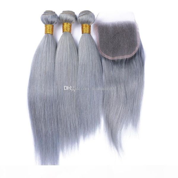 

7a grade grey human brazilian virgin hair weaves with lace closure 4x4 straight silver grey hair closure with bundles 4pcs lot, Black;brown