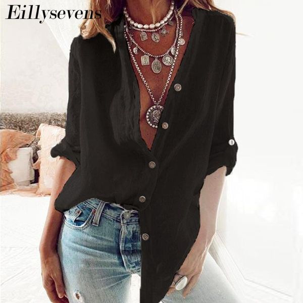 

summer autumn elegant v neck cotton linen blouse women long sleeve buttons shirt robe femme solid blusas femininas 5xl, White