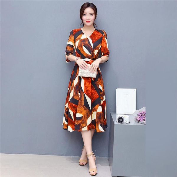 

20 women summer lady geometric print casual dress v neck short sleeve belt korean vintage party dresses vestidos verano mujer, Black;gray