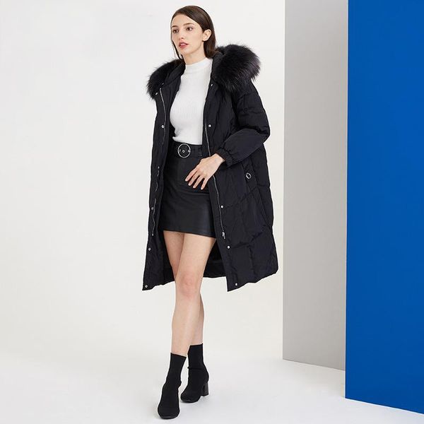 

2020 new women winter down long jacket with big hair collar warm jacket original design artline sewing coat, Black