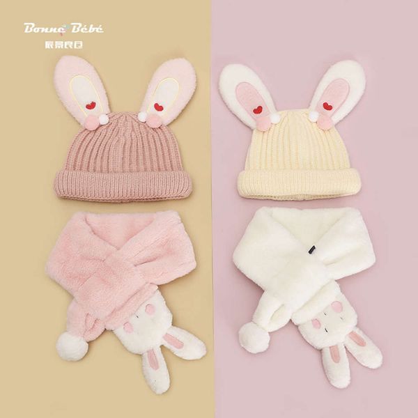 

children's scarf two piece set korean love rabbit ear girl's wool hat plush warm baby's neck, Red;brown