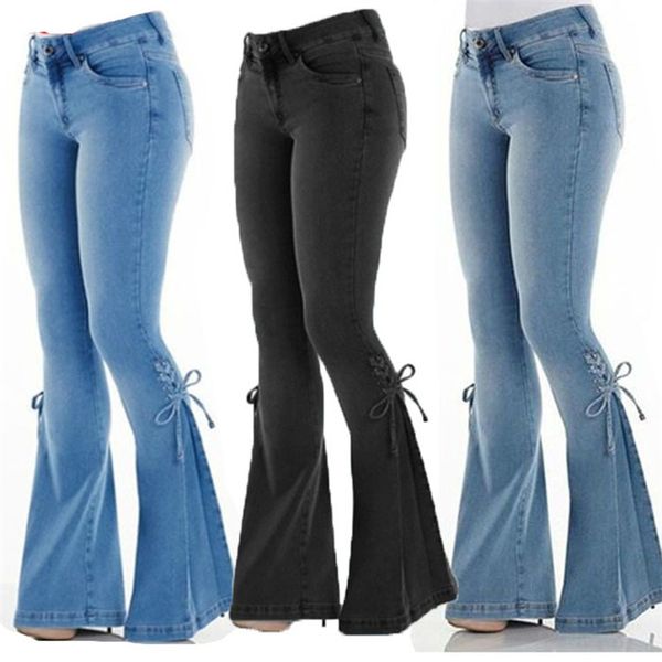 

slim jeans womens plus size retro bandage flare pants fashion casual women elasticity denim trousers, Blue