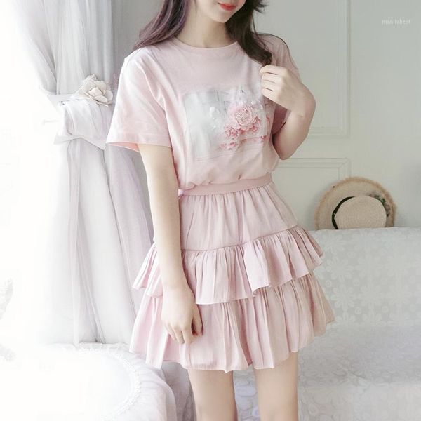 

handmade sequined appliques floral t-shirt +layer cake mini skirt set women sweet two piece suit 2019 summer flower skirt suit1, White