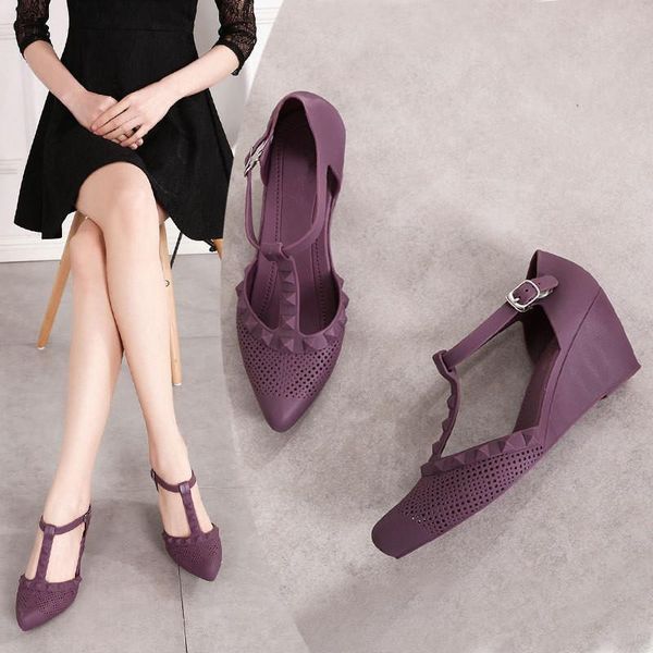 

dress shoes 2021 wedge with baotou fashion pointed rivets beach rubber women, Black