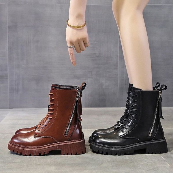 

ankle boots womens 2021 new fashion round toe 4.5cm zip heel and lace up to black woman shoes 35-40-brown i33e
