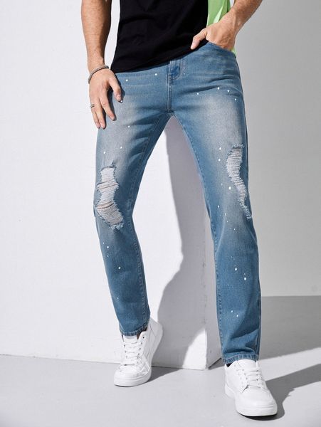

men ripped splash ink carrot jeans t6yq#, Blue