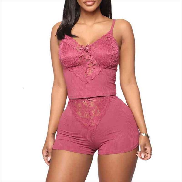 

casual home pajamas set 2 pieces nightwear set for women solid color lace v-neck sleeveless and shorts, Black;red