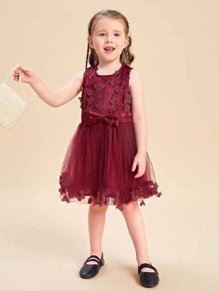 

toddler girls appliques bow front mesh overlay dress she, Red;yellow