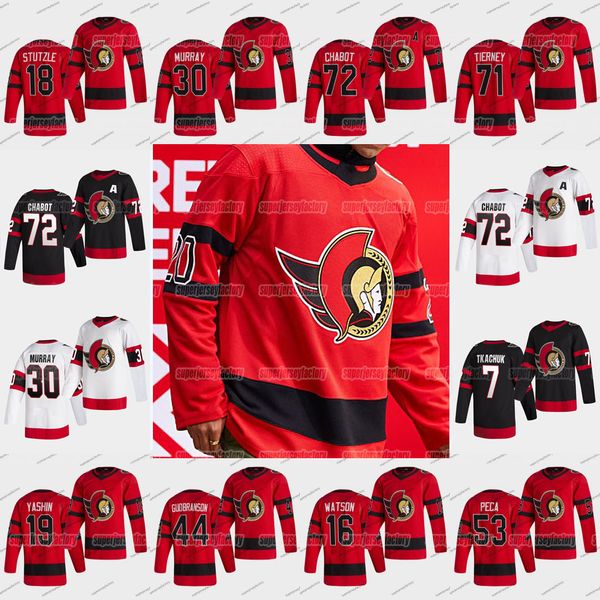 

18 tim stuetzle ottawa senators 2021 reverse retro thomas chabot matt murray bobby ryan ron hainsey mark borowieck hawryluk tierney jersey, Black;red