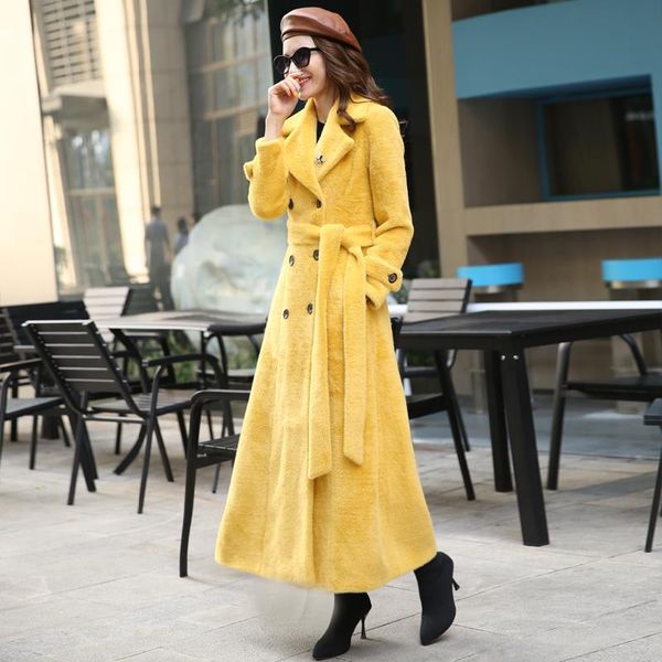 

women's fur & faux women 2021 winter long coat turn-down collar casual solid fake overcoat slim outerwear with sashes b37, Black