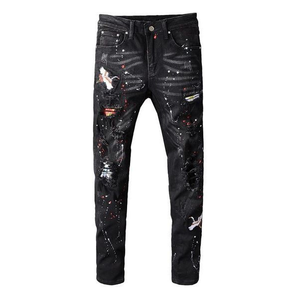 

sokotoo men's black bird embroidered painted ripped jeans streetwear holes patchwork stretch denim pants skinny pencil trousers, Blue