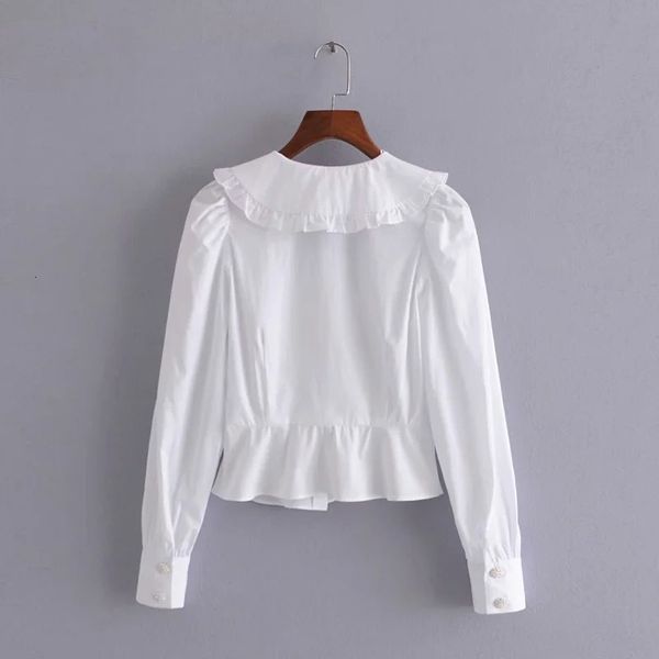 

new white shirts ruffle gem button up shirt women 2021 spring puff long sleeve crop female fashion korean blouse hqan