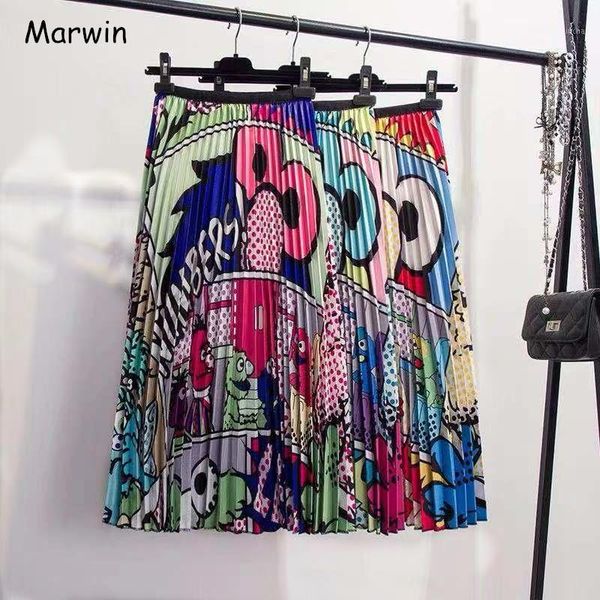 

marwin 2018 winter new-coming europen cartoon pattern high elasticity pleated skirt high street style a-line mid-calf c1, Black