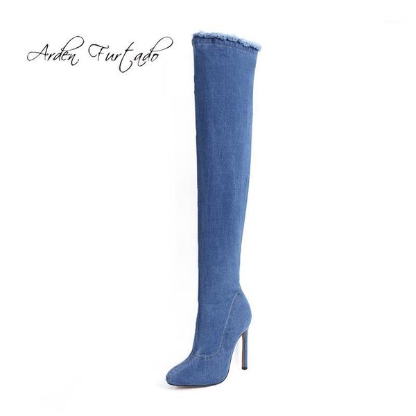 

arden furtado 2020 summers high heels 9.5cm stilettos zipper bulue denim jeans boots stretch boots over the knee shoes woman new1, Black