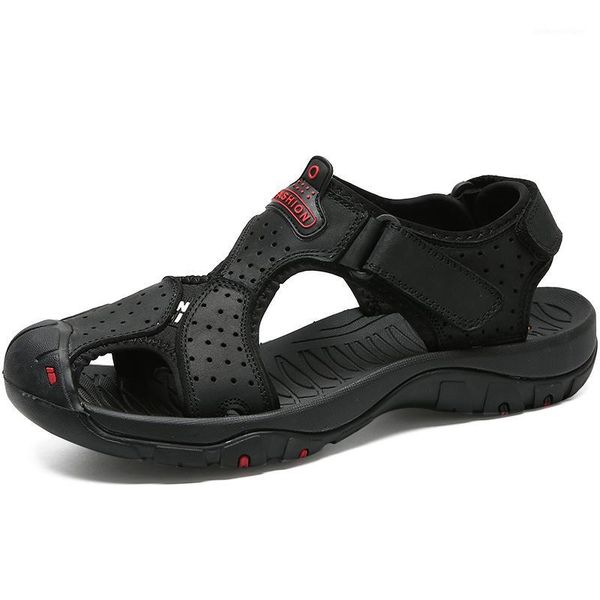 

sandals genuine leather men fashion hook&loop rubber sole covered toe flat casual footwear beach fishernan shoes1, Black