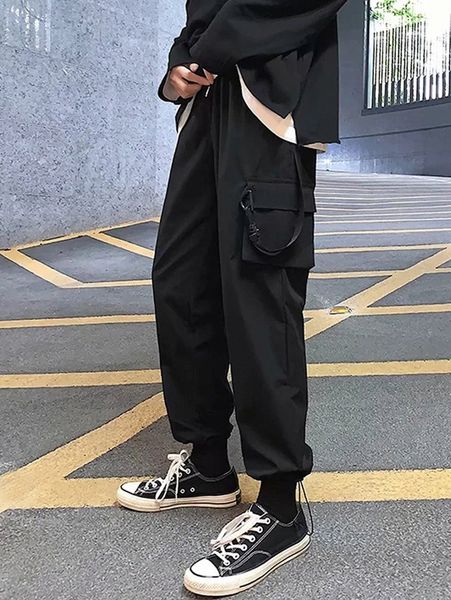 

men drawstring hem ribbon detail cargo pants q3py#, Black