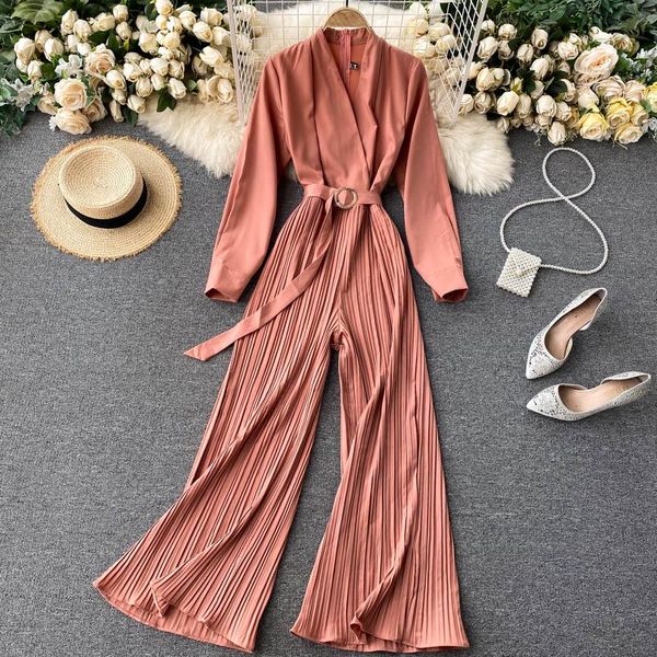 

women's jumpsuits & rompers autumn winter pleated romper elegant solid beige/red v-neck draped jumpsuit female high waist playsuit 2021, Black;white