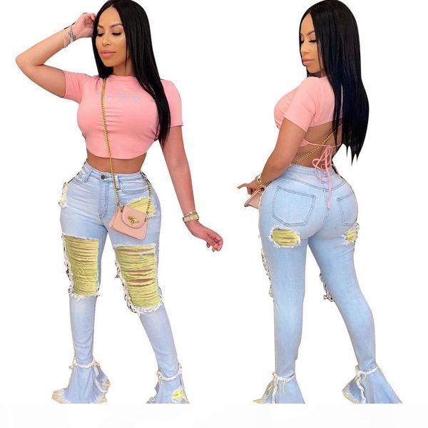 

women stretch jeans casual bell bottomed pants pierced tassel slim trousers washed denim designer summer fashion jeans ty818, Blue