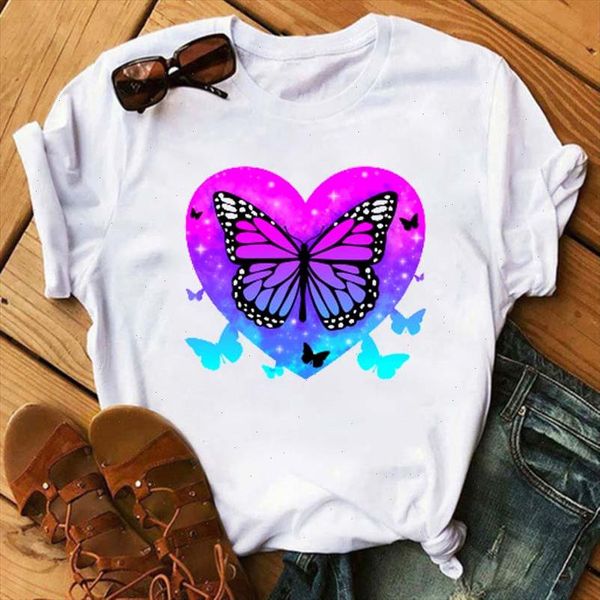 

new butterfly heart t shirt women korean style tumblr aesthetic summer short sleeve plus size tees clothes femme, White