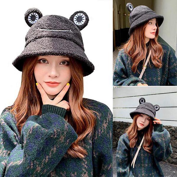 

women fleece bucket hats, winter warm sun protection outdoor cartoon frog cute fisherman caps fall spring, Blue;gray