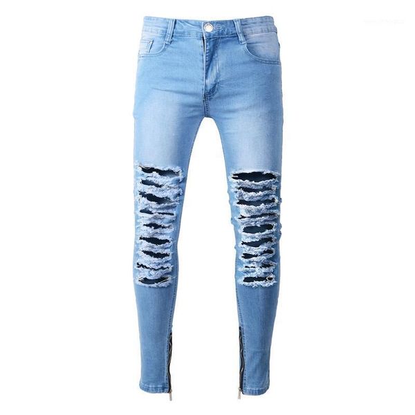 

men's jeans moruancle fashion men hi street ripped pants slim fit stretch distressed denim trousrs destroyed jean joggers ankle zipper1, Blue