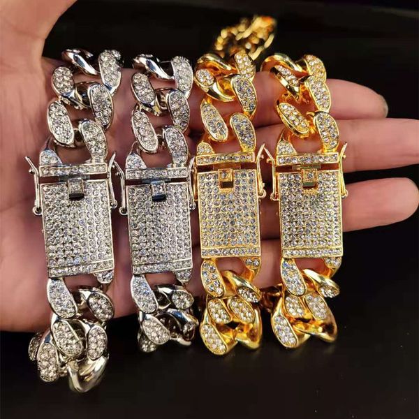 

luxury 18-28 20mm pave setting rhinestone miami cuban cha necklaces men hip hop bling iced out necklace jewelry drop shipping fashion design, Golden;silver