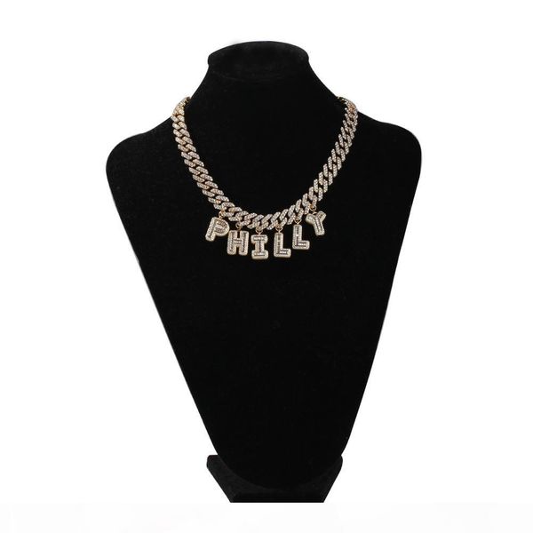 

custom name baguette letters with link miami cuban link chain pendant necklace full bling punk bling bling hiphop jewelry, Silver