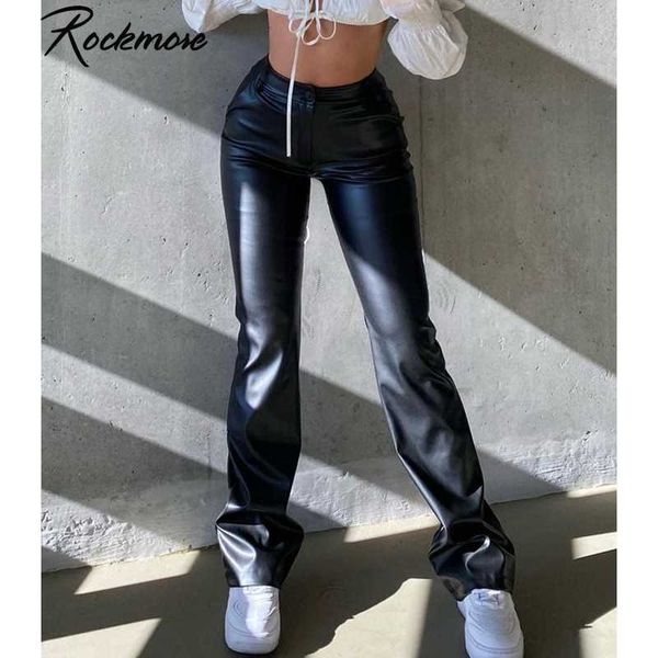 

rockmore pu leather stretch pants black high waist fleece straight pant wide leg trousers women pockets goth 2020 autumn winter, Black;white