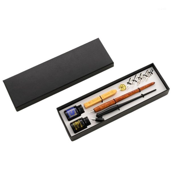 

2021 new vintage dip pen fountain writing ink 5 nibs wax seal stamp gift box calligraphy1