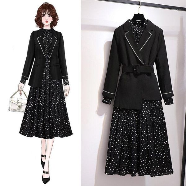 

autumn plus size women's polka dot dress + black professional suit jacket two-piece waist female sets -4xl1, Gray