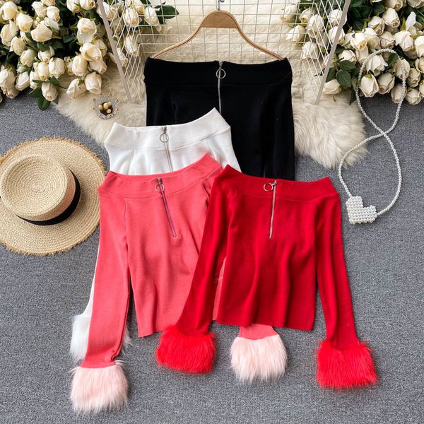 

2021 new fine singiny knits women's blouse slash neck long sleeves autumn off the shoulder streetwear x6no, White