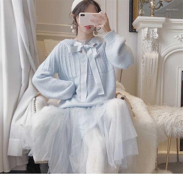 

sweater female fashion lantern sleeve sweet bow loose hollow out girly heart soft cute korean wave gentle and soft ladies 1, White;black