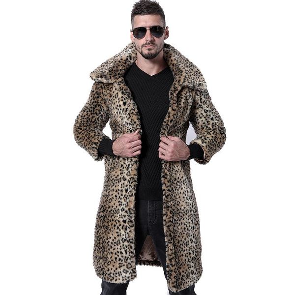 

autumn winter mens faux fur leopard solid color overcoat thick warm lapel outwear b7, Black