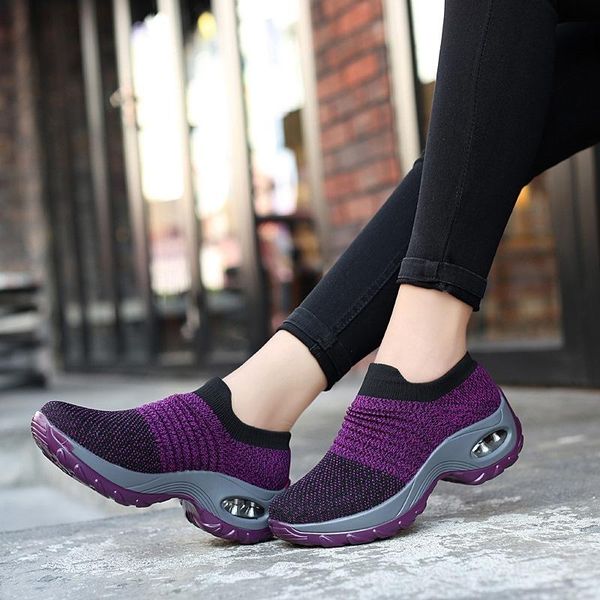 

spring women sneakers flat slip on platform shoes for ladies black breathable mesh sock sneake normal size round toe casual pu