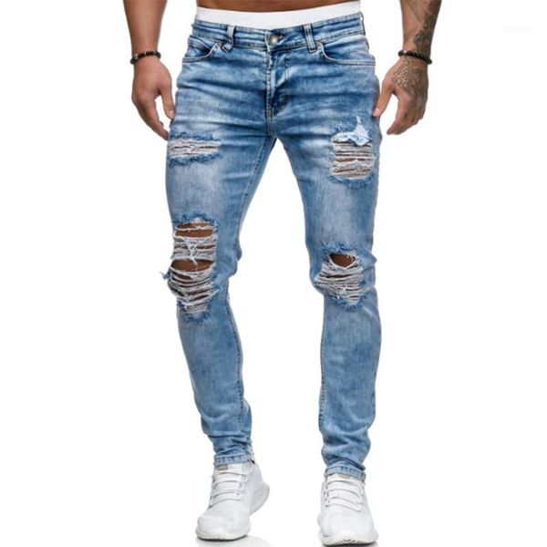 

vintage men's hole jeans mid waist streetwear mens denim trouer pencil pants new male full length skinny jeans jean homme d251, Blue