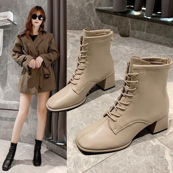 

fashion korean fashion boots women's british style simple thick heel square casual short boots autumn and winter gothic, Black